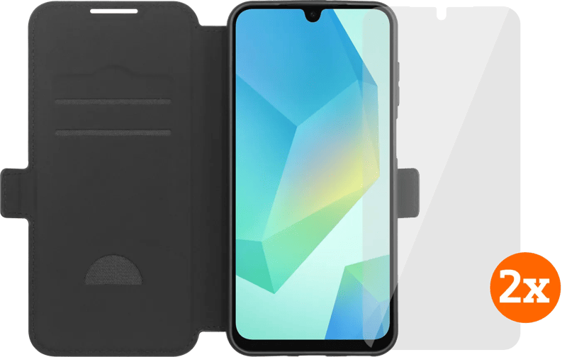 BlueBuilt Samsung Galaxy A18/A17 4G/5G Book Case Zwart + Screenprotector Glas Duo Pack