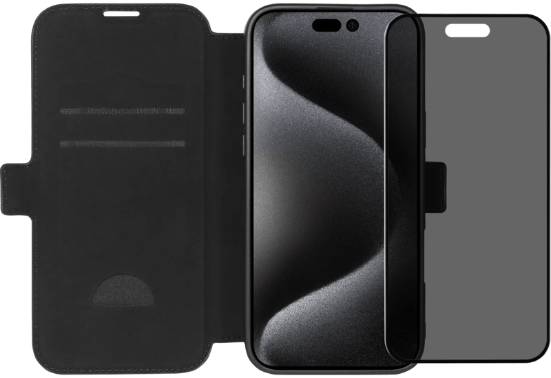 BlueBuilt Apple iPhone 16 Pro Max Book Case Leer Zwart + Privacy Screenprotector Glas