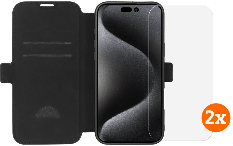 BlueBuilt Apple iPhone 16 Pro Max Book Case Leer Zwart + Screenprotector Glas Duo Pack