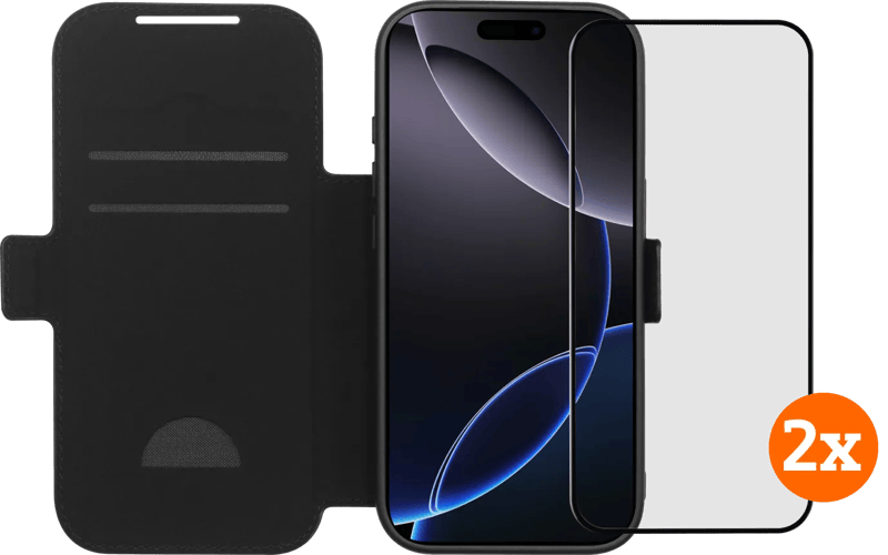 BlueBuilt Apple iPhone 17 Pro Book Case Leer Zwart + Screenprotector Glas Duo Pack
