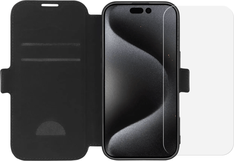 BlueBuilt Apple iPhone 16 Pro Book Case Leer Zwart + Screenprotector Glas