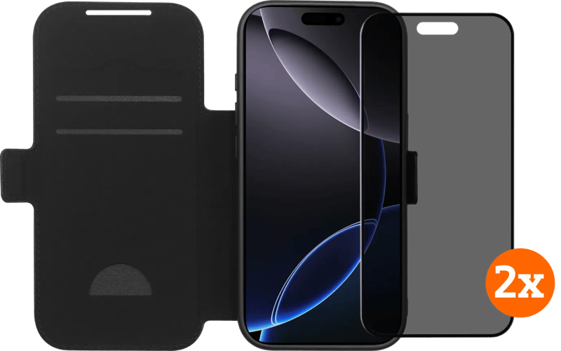 BlueBuilt Apple iPhone 17 Pro Book Case Leer Zwart + Privacy Screenprotector Duo Pack