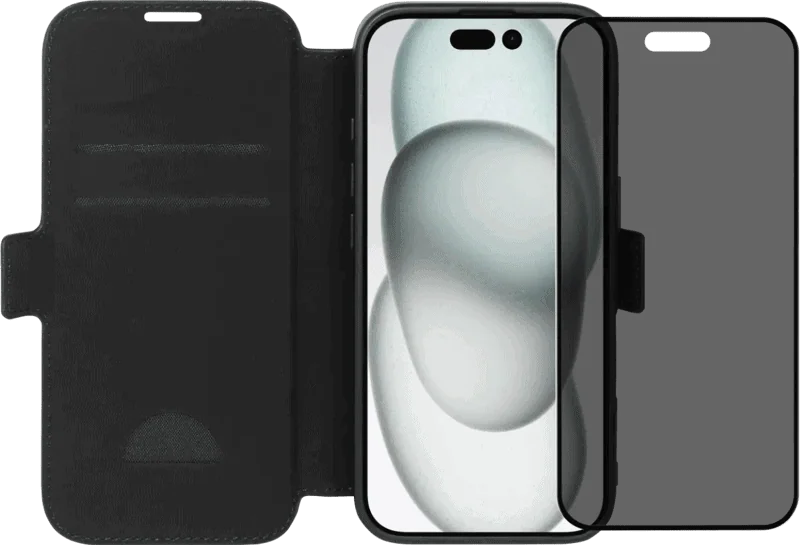BlueBuilt Apple iPhone 16 Book Case Leer Zwart + Privacy Filter Screenprotector Glas