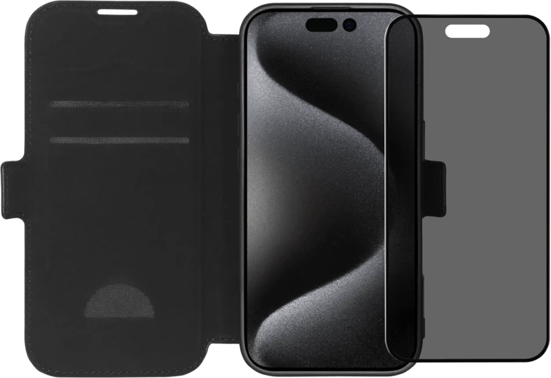 BlueBuilt Apple iPhone 16 Pro Book Case Leer Zwart + Privacy Filter Screenprotector Glas