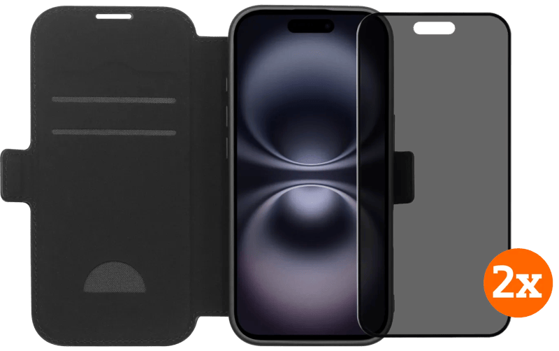 BlueBuilt Apple iPhone 17 Book Case Leer Zwart + Privacy Filter Screenprotector Duo Pack