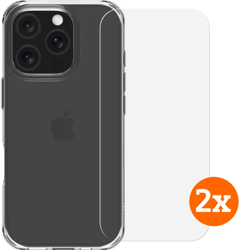 BlueBuilt Protective Back Cover iPhone 16 Pro Transparant + Screenprotector Glas Duo Pack