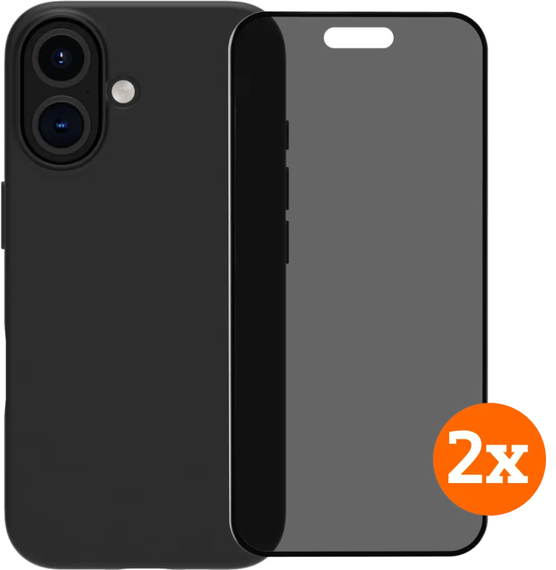 BlueBuilt Back Cover iPhone 16 Zwart + Privacy Filter Screenprotector Glas Duo Pack