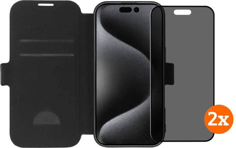 BlueBuilt Apple iPhone 16 Pro Book Case Leer Zwart + Privacy Screenprotector Glas Duo Pack