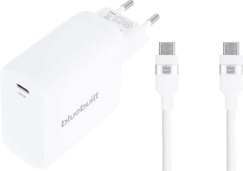 BlueBuilt 100W GaN Usb C Oplader Wit + Usb C Kabel 240W 2m Nylon Wit