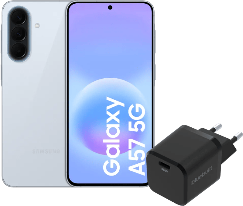 Samsung Galaxy A57 256GB Lichtblauw 5G + BlueBuilt Oplader met Usb C Poort 45W Zwart