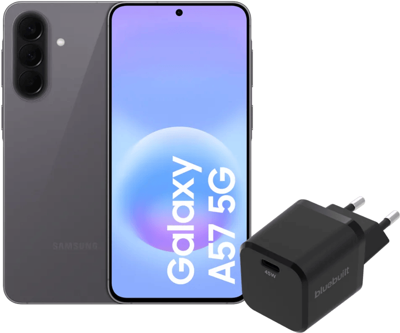 Samsung Galaxy A57 256GB Grijs 5G + BlueBuilt Oplader met Usb C Poort 45W Zwart
