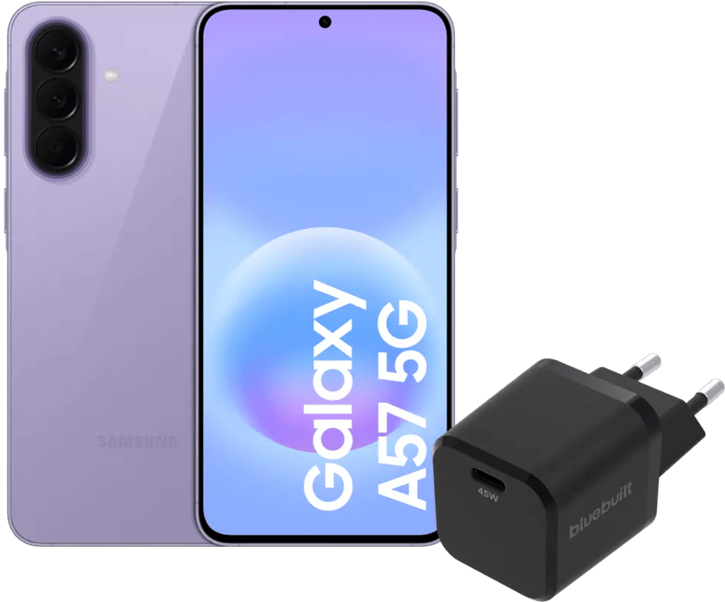Samsung Galaxy A57 256GB Paars 5G + BlueBuilt Oplader met Usb C Poort 45W Zwart