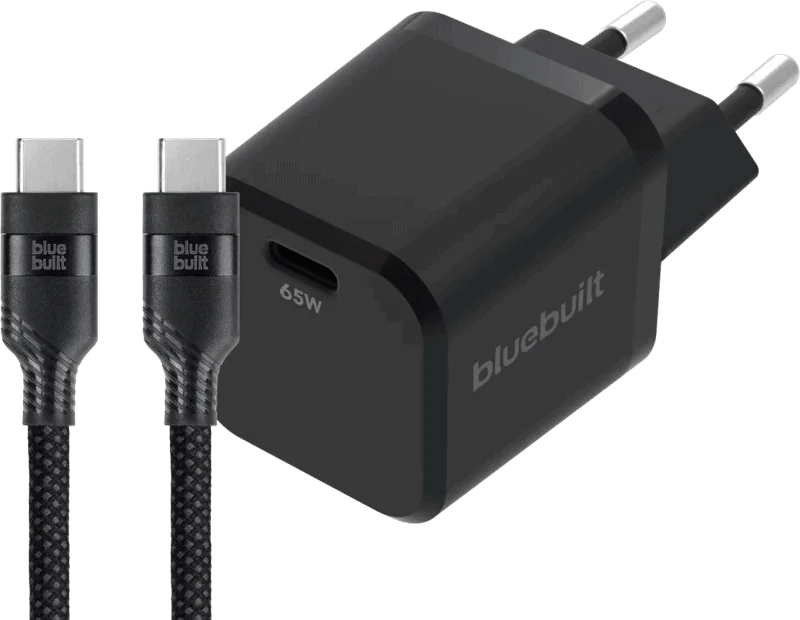 BlueBuilt 65W GaN Usb C Oplader Zwart + Usb C Kabel 240W 2m Nylon Zwart