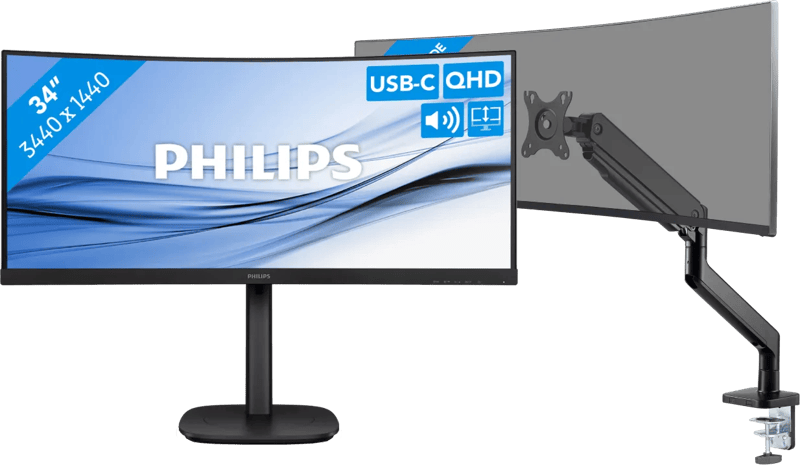 Philips 346E2CUAE/00 + BlueBuilt Monitorarm Mechanische Veer voor 1 Ultrawide Monitor