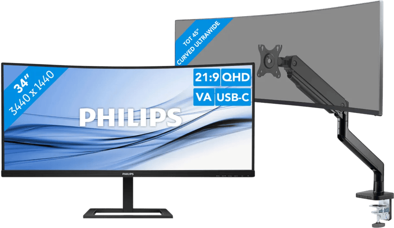Philips 3000 series 34B2U3600C/00 Curved + BlueBuilt Monitorarm voor 1 Ultrawide Monitor