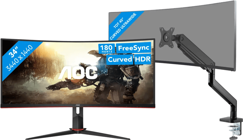 AOC CU34G2XP/BK + BlueBuilt Monitorarm Mechanische Veer voor 1 Ultrawide Monitor