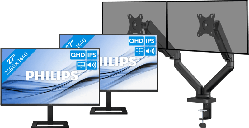 Philips 27E1N1600AE/00 Duo Pack + BlueBuilt Monitorarm Mechanische Veer voor 2 Monitoren