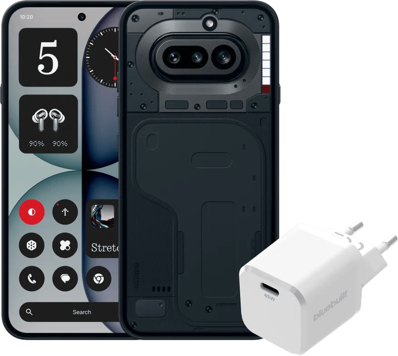 Nothing Phone (4a) 256GB Zwart 5G + BlueBuilt Oplader met Usb C Poort 45W Wit