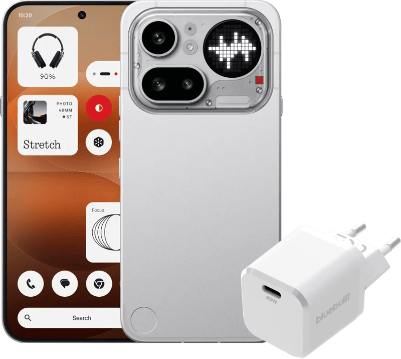 Nothing Phone (4a) Pro 128GB Zilver 5G + BlueBuilt Oplader met Usb C Poort 45W Wit