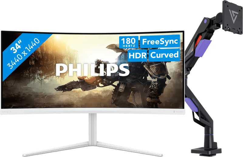 Philips Evnia 34M2C5501A/00 Curved + Vortech Monitorarm met
