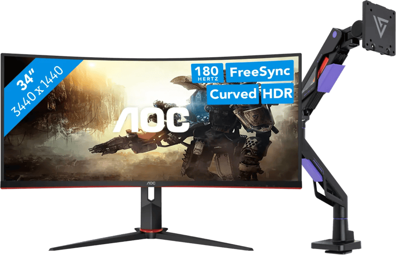 AOC CU34G2XP/BK + Vortech Monitorarm met Gasveer