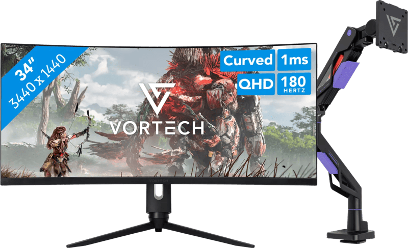 Vortech Pro 34 inch Quad HD Curved + Vortech Monitorarm met Gasveer