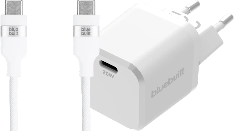 BlueBuilt Power Delivery Oplader 20W + Usb C Kabel 1,5m Nylon Wit