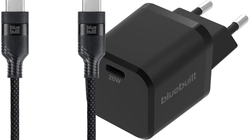BlueBuilt Power Delivery Oplader 20W + Usb C Kabel 1,5m Nylon Zwart