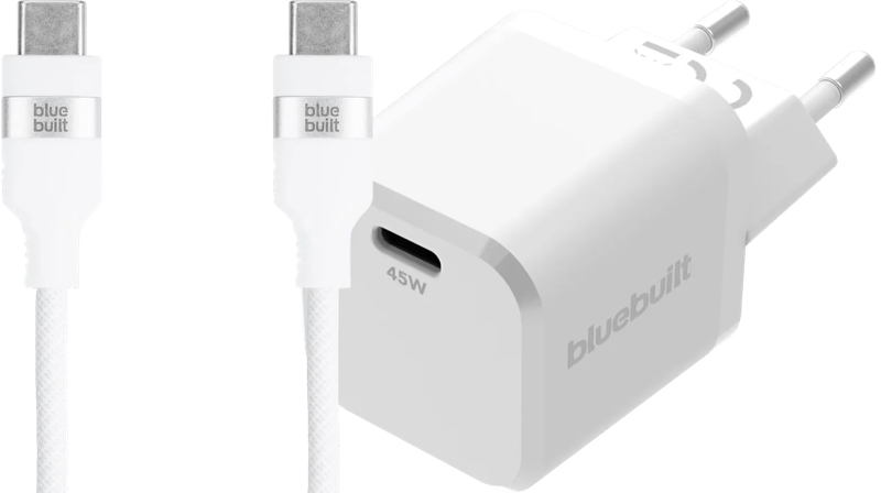 BlueBuilt Power Delivery Oplader 45W + Usb C Kabel 1,5m Nylon Wit