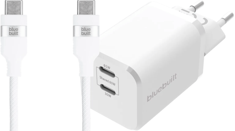 BlueBuilt Power Delivery Oplader met 2 Usb C Poorten 65W + Usb C Kabel 3m Nylon Wit