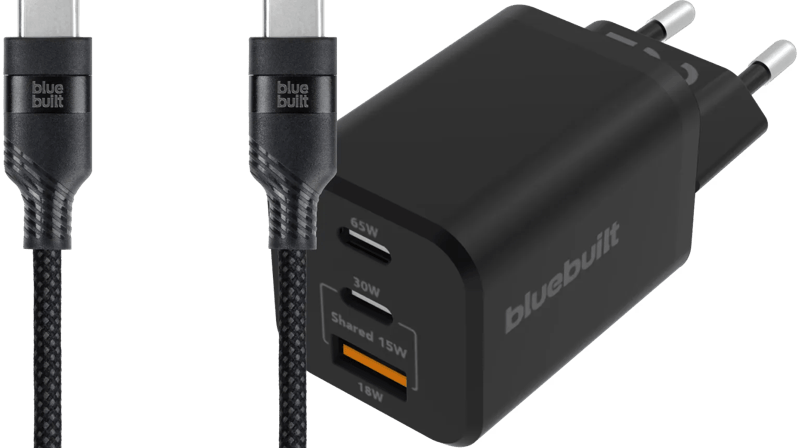 BlueBuilt Power Delivery Oplader 2 Usb C Poorten 65W + Usb C Kabel 1,5m Nylon Zwart