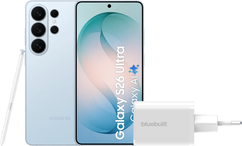 Samsung Galaxy S26 Ultra 256GB Lichtblauw 5G + BlueBuilt Oplader 65 Watt Wit