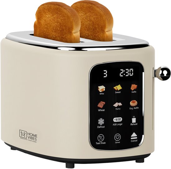 Home Vibes® Broodrooster – Met LED Display - Toaster - 6 Voorprogramma’s – Grille Pain - Brood Rooster - Brede Sleuven - 800W – Mat Beige