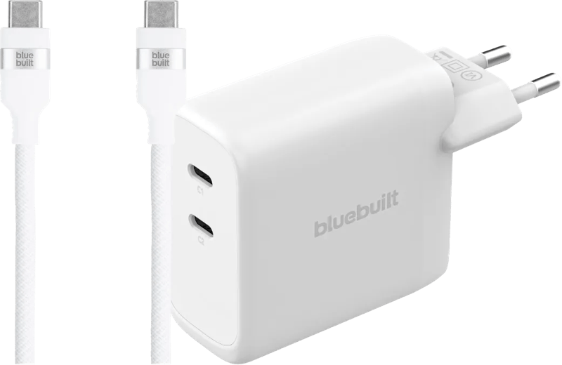 BlueBuilt 100W GaN Oplader met 2 Usb C Poorten Wit + BlueBuilt Usb C Kabel 240W 2m Nylon