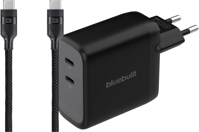 BlueBuilt 100W GaN Oplader met 2 Usb C Poorten Zwart + BlueBuilt Usb C Kabel 240W 2m Nylon