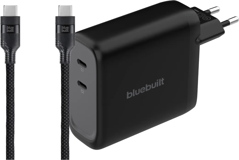 BlueBuilt 140W GaN Oplader met 2 Usb C Poorten Zwart + BlueBuilt Usb C Kabel 240W 2m Nylon
