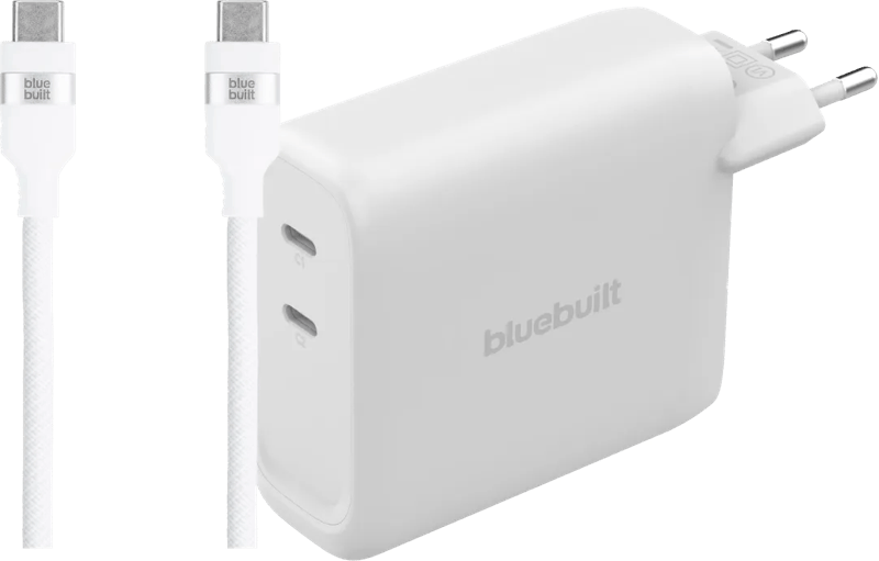 BlueBuilt 140W GaN Oplader met 2 Usb C Poorten Wit + BlueBuilt Usb C Kabel 240W 2m Nylon