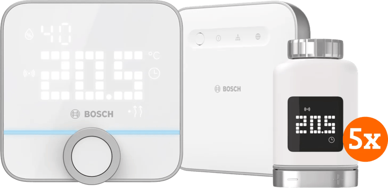 Bosch Slimme Radiatorknoppen 5-Pack + Slimme Kamerthermostaat + Smart Home Controller