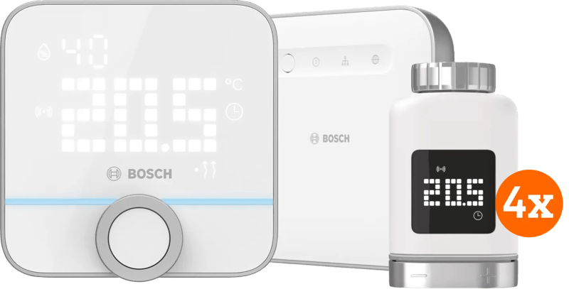 Bosch Slimme Radiatorknoppen 4-Pack + Smart Home Controller + Slimme Kamerthermostaat 230V