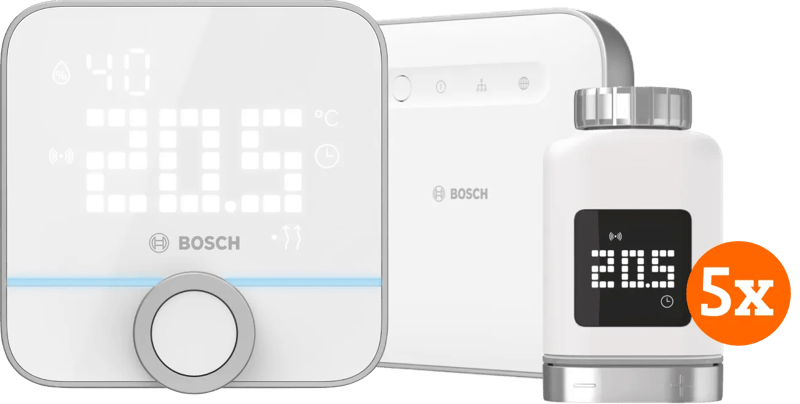 Bosch Slimme Radiatorknoppen 5-Pack + Smart Home Controller + Slimme Kamerthermostaat 230V