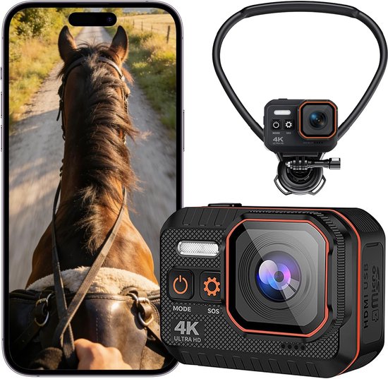 4K 60FPS actiecamera , draagbare gimbal met beeldstabilisatie, first-person recorder voor paardrijden, AI-verbeterde 6-assige stabilisatie, IP68 waterdicht, borstbevestiging voor t…