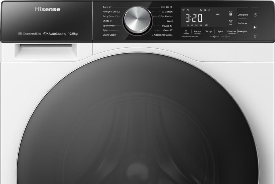 Hisense 5S Serie WF5S1045BW – Wasmachine met Energielabel A – 10,5kg – Auto dosing – 72dB (A) – Steam Wash -1400 toeren – Power Wash 49′ – Connectlife