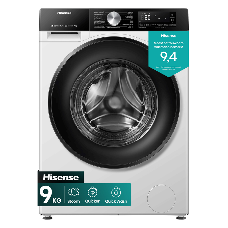 Hisense 3S Serie WF3S9043BW3/BLX – Wasmachine met Energielabel A -30% – 9kg – 72dB (A) – Steam Wash -1400 toeren – Power Wash 49′ – ConnectLife – Inhoud Trommel 60 Liter