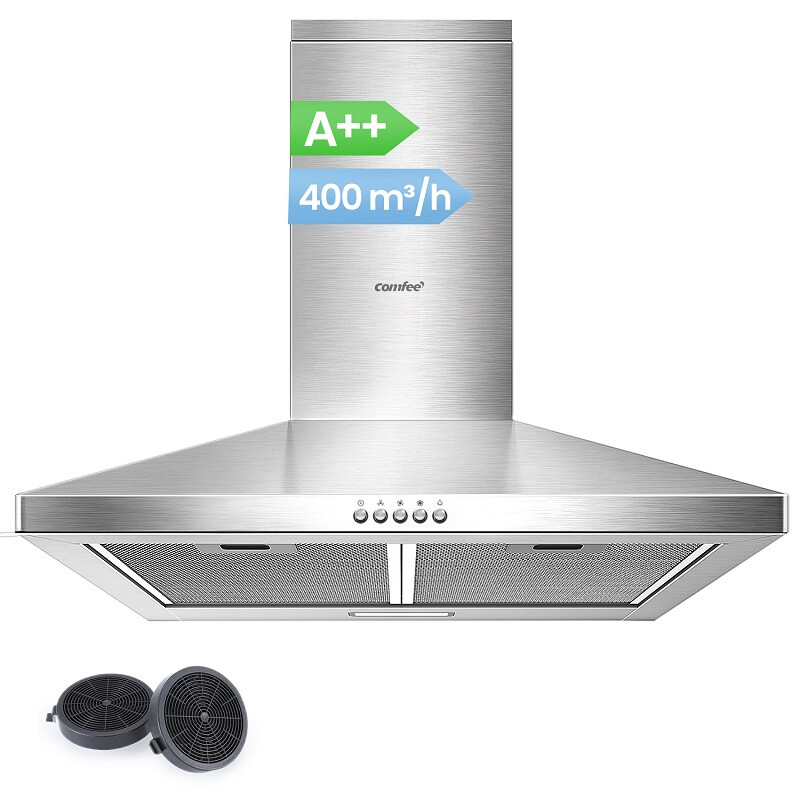 Comfee' CH60A17EM400SS-EU Afzuigkap, A++, 60 cm Convectie en Afzuiging, Wandafzuiging met Actieve Koolstoffilter, 400 m³/h Luchtstroom, 5 Lagen, Wasbaar Vetfilter, Verstelbare Haar…