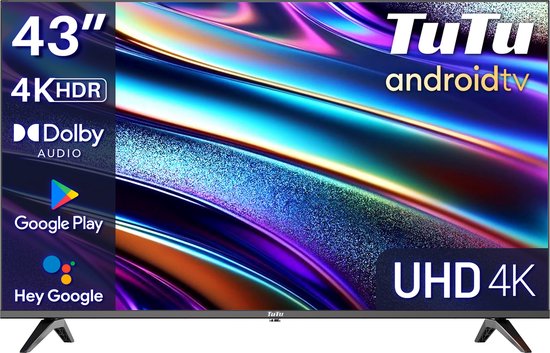TuTu Android Smart TV - LED 4K UHD - 43 inch/110 cm - Frameless Design - Tripple Tuner DVB-T/T2/S/S2/C - HDMI x3, USB x2, CI+ - Voice Controle & Streaming apps - Geassembleerd in E…