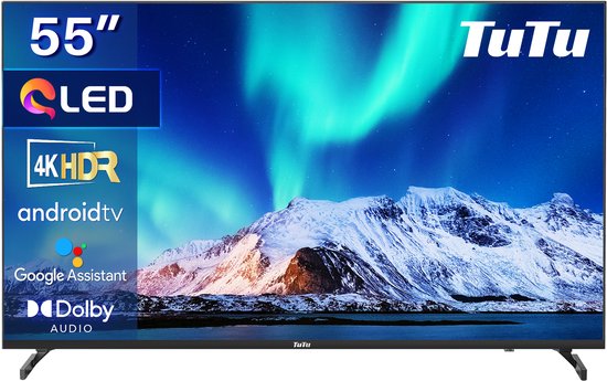 TuTu Android Smart TV – QLED 4K Ultra HD – 55 inch/140 cm – Voice Controle & Streaming apps – HDMI x3, USB x2, CI+ – Tripple Tuner DVB-T/T2/S/S2/C – Frameless Design – Geassembleer…