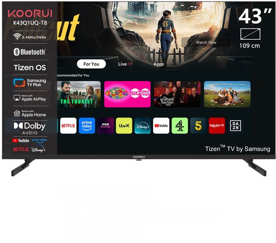 Koorui Smart TV – Tizen OS – QLED Ultra HD 4K – 43 inch/109 cm – Voice Controle – Streaming apps – AirPlay – Controle Mode – HDMI x3, USB x2, CI+ – Tripple Tuner DVB-T/T2/S/S2/C -…