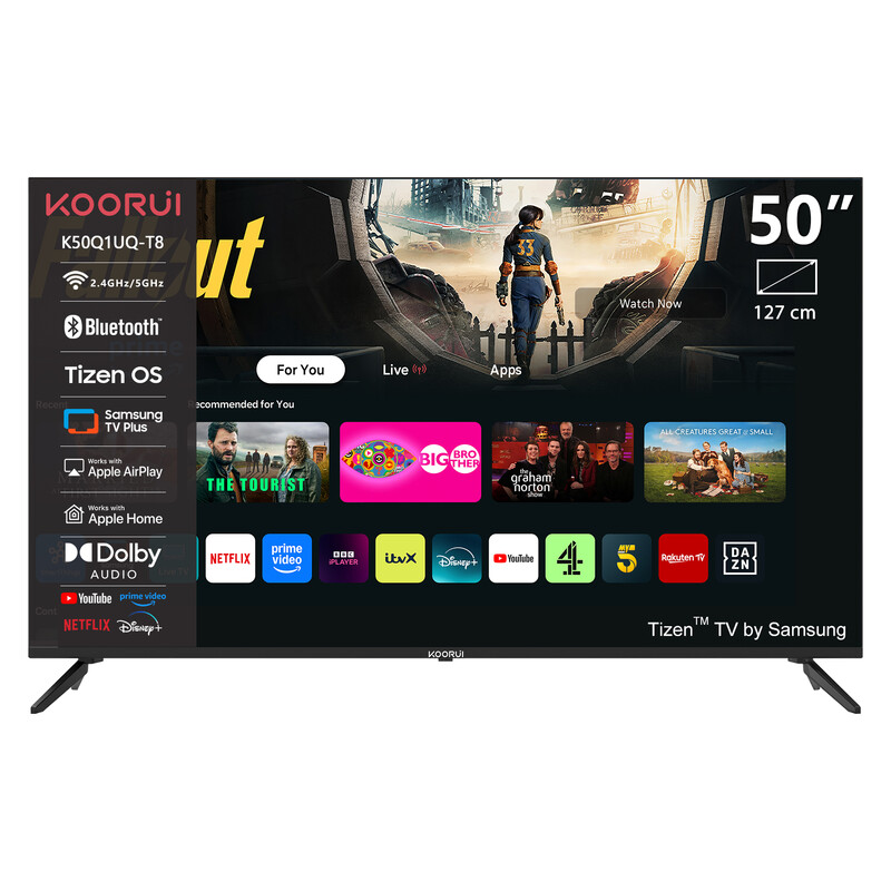 KOORUI K50Q1UQ-T8 50 inch 4K UHD QLED smart tv met Tizen OS, randloos ontwerp, Dolby Audio, premium metalen afwerking, gemonteerd in Nederland