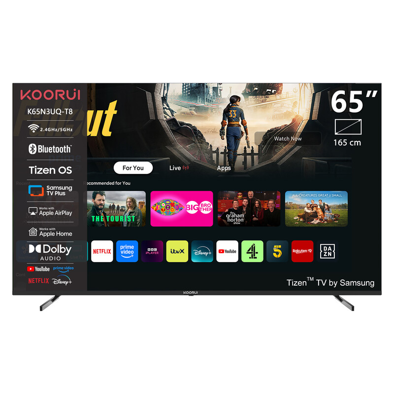 KOORUI K65N3UQ-T8 65 inch 4K UHD QLED smart tv met Tizen OS, randloos ontwerp, Dolby Audio, premium metalen afwerking, gemonteerd in Nederland