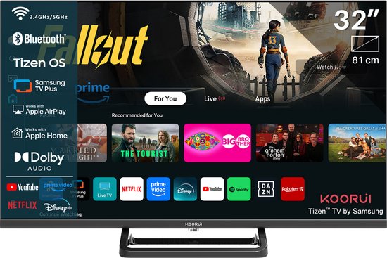 Koorui Smart TV - Tizen OS - LED Full HD - 32 inch/81 cm - Streaming apps - AirPlay - Controle Mode - HDMI x3, USB x2, CI+ - Tripple Tuner DVB-T/T2/S/S2/C - Frameless Design - Enke…